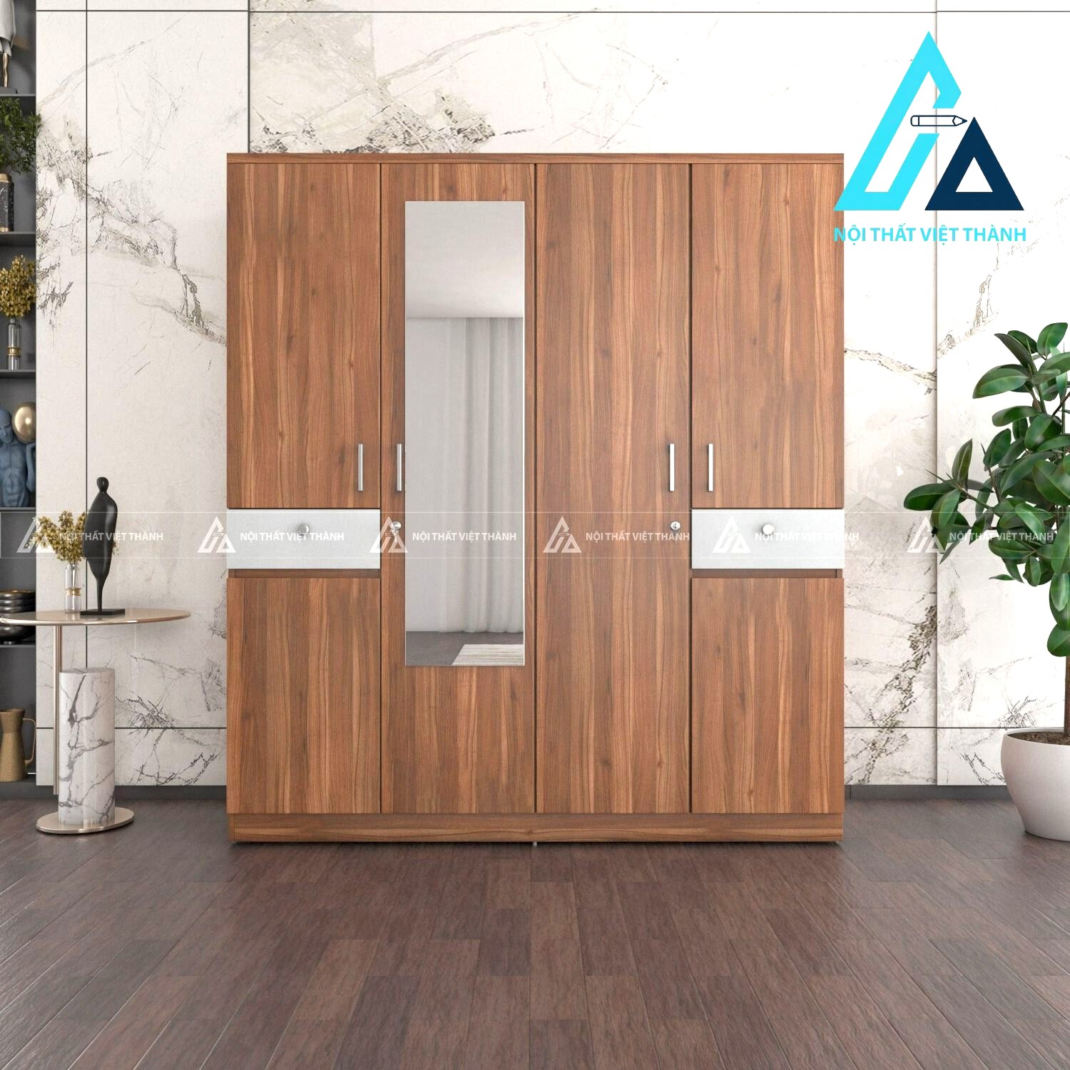 Tủ quần áo MDF 4 cánh màu óc chó có gương phong cách hiện đại