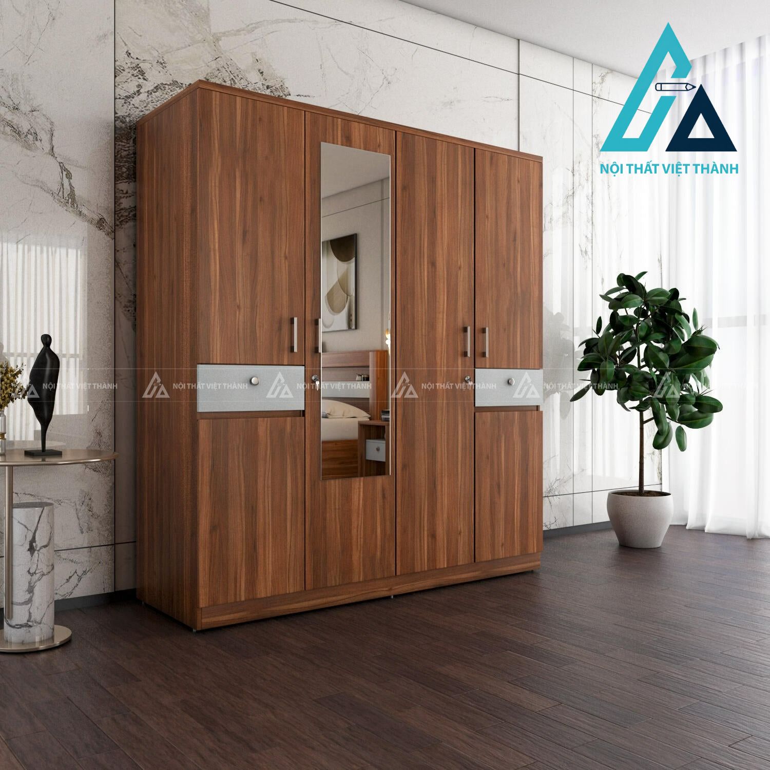 Tủ quần áo MDF 4 cánh màu óc chó có gương phong cách hiện đại 1