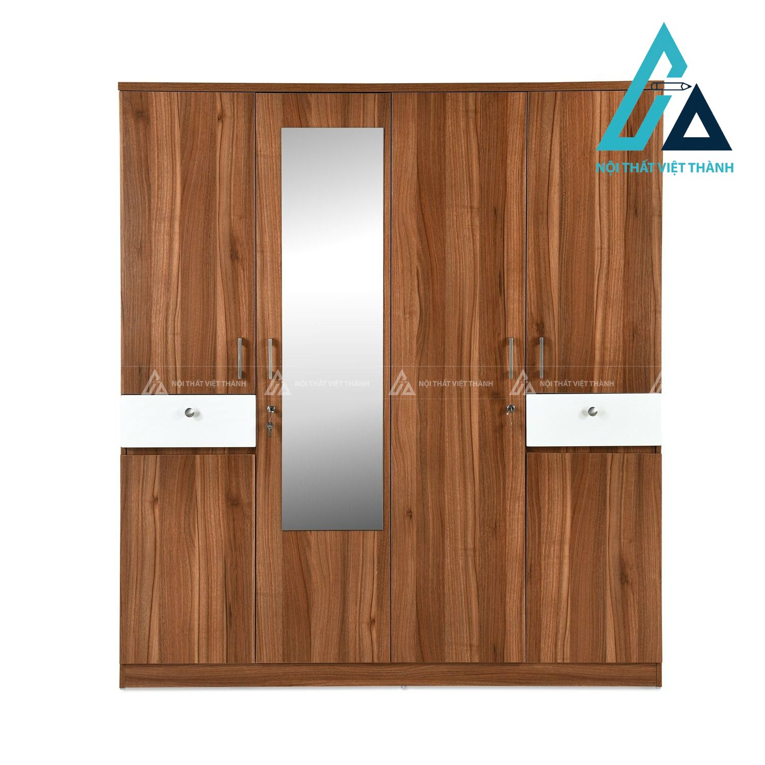 Tủ quần áo MDF 4 cánh màu óc chó có gương phong cách hiện đại 2