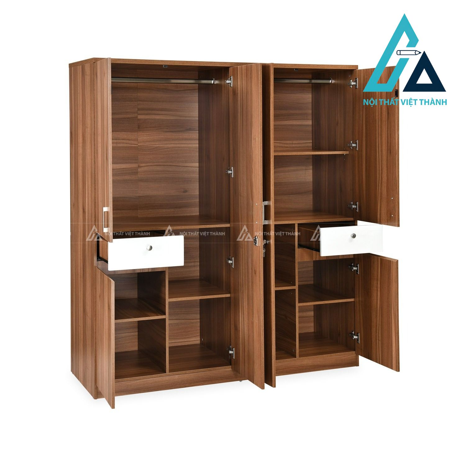Tủ quần áo MDF 4 cánh màu óc chó có gương phong cách hiện đại 3