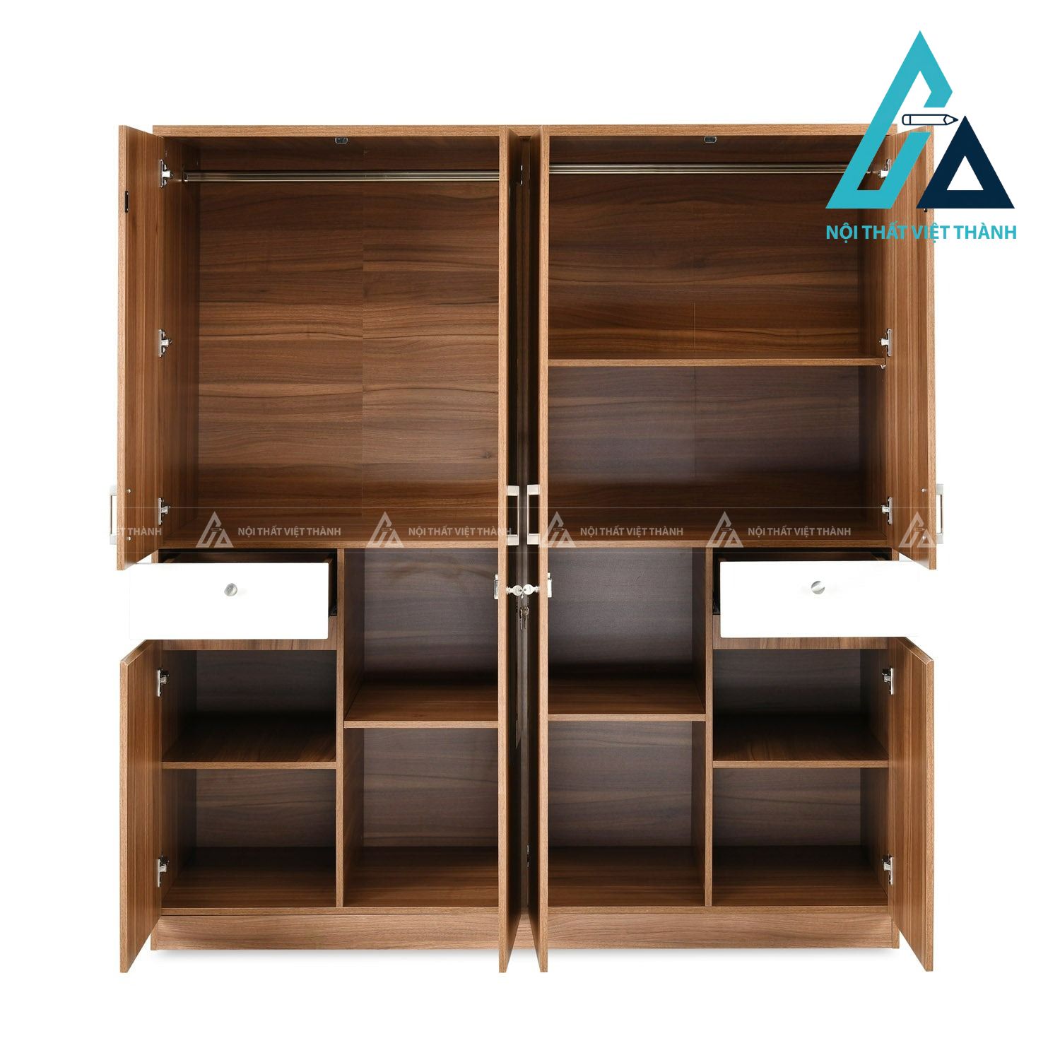 Tủ quần áo MDF 4 cánh màu óc chó có gương phong cách hiện đại 4