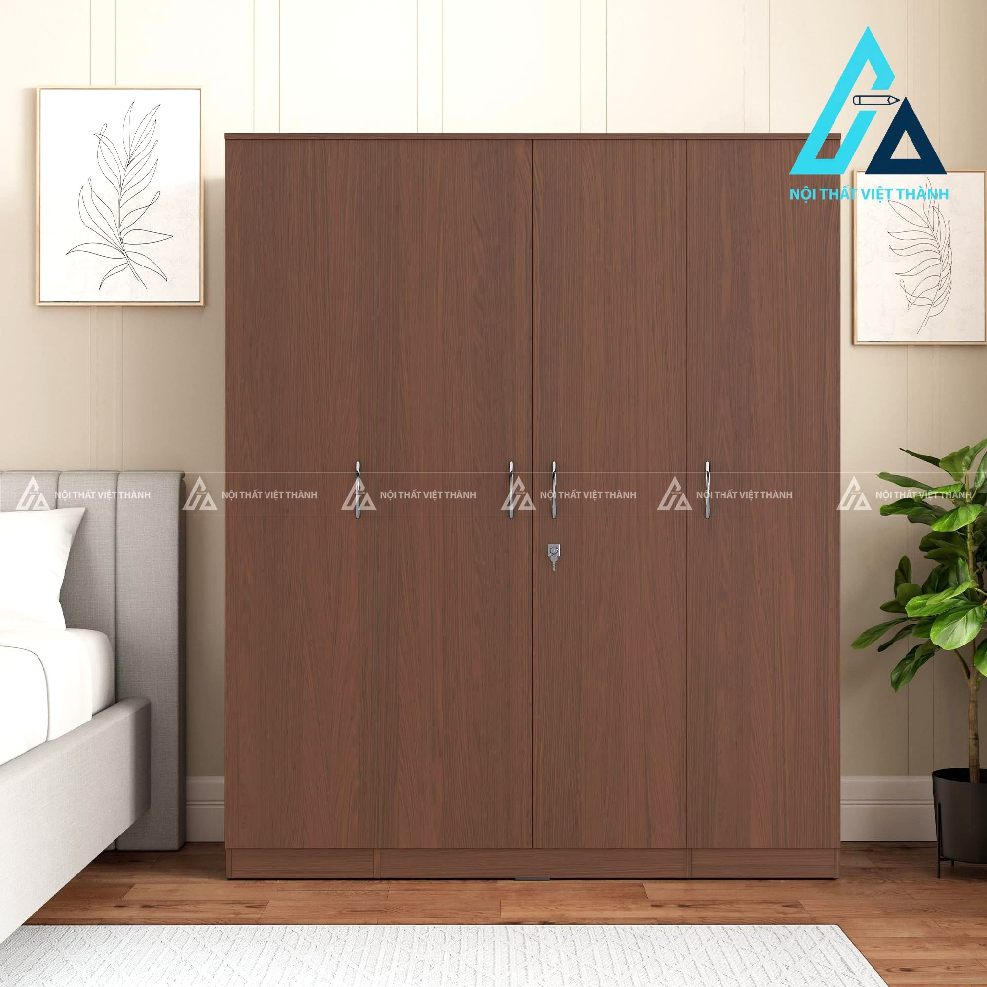 Tủ quần áo MDF 4 cánh màu óc chó phủ Melamine hiện đại sang trọng