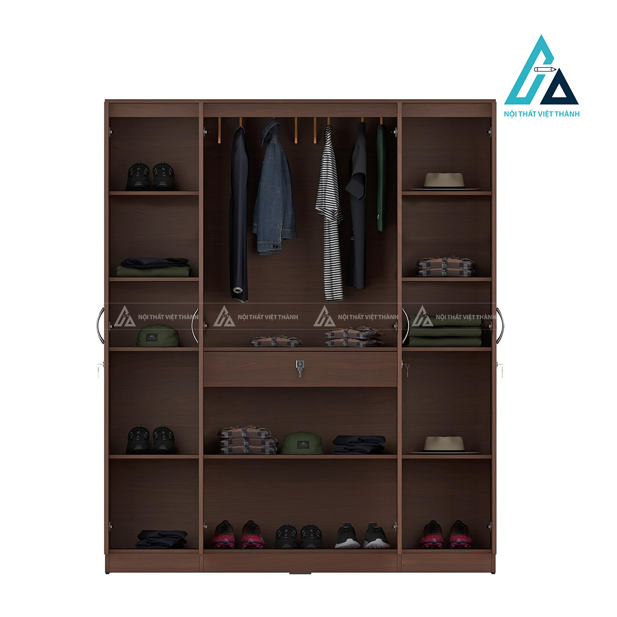 Tủ quần áo MDF 4 cánh màu óc chó phủ Melamine hiện đại sang trọng 1