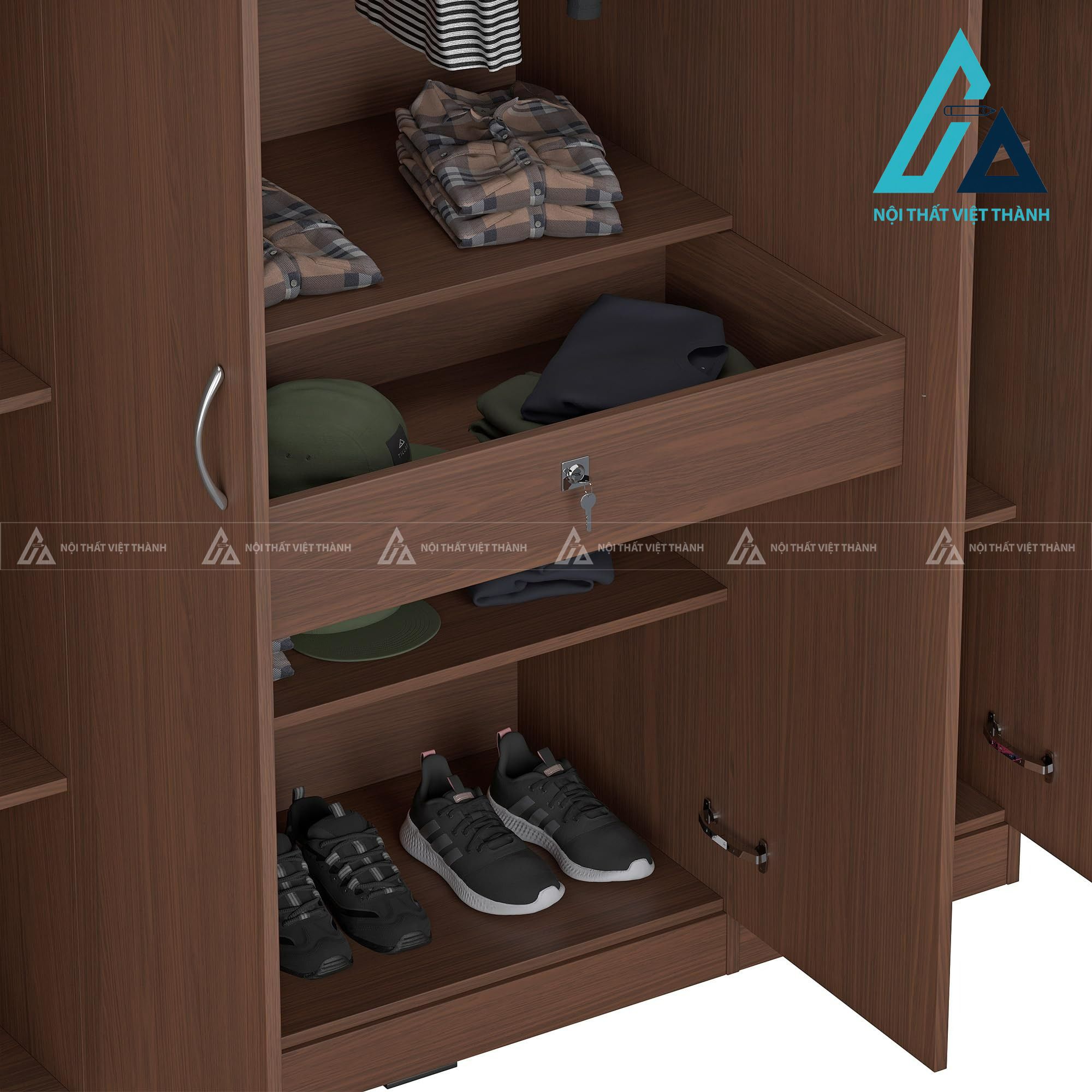 Tủ quần áo MDF 4 cánh màu óc chó phủ Melamine hiện đại sang trọng 2