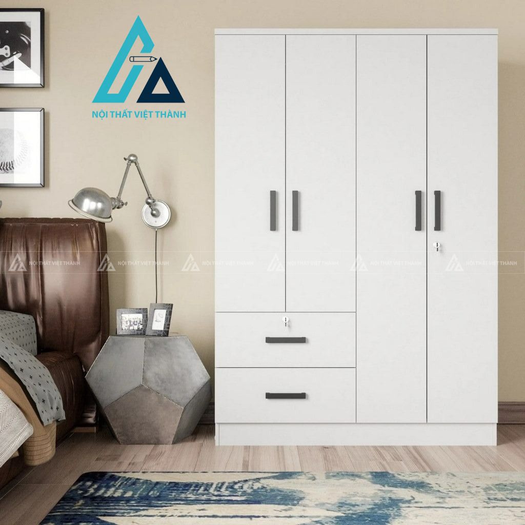 Tủ quần áo MDF 4 cánh màu trắng hiện đại nhiều ngăn có 2 ngăn kéo tiện dụng