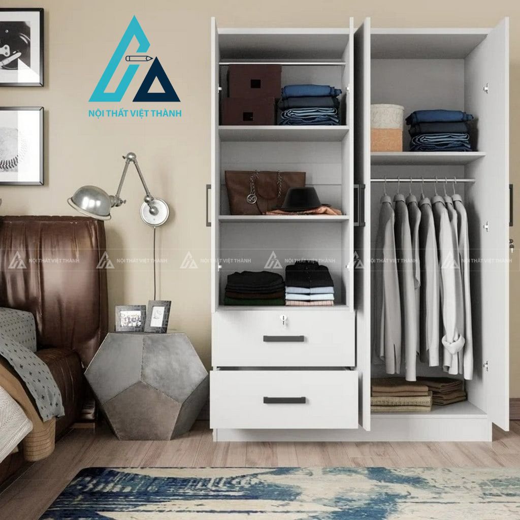 Tủ quần áo MDF 4 cánh màu trắng hiện đại nhiều ngăn có 2 ngăn kéo tiện dụng 2