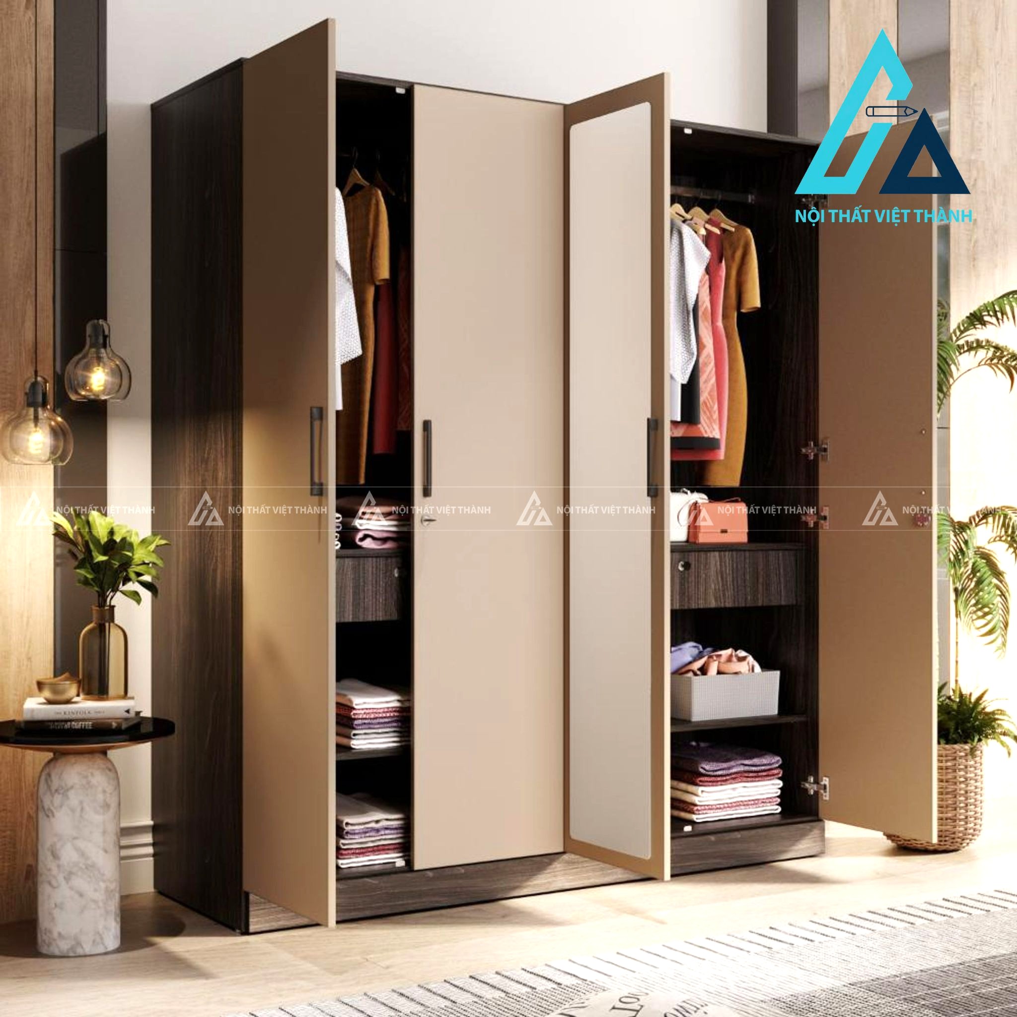 Tủ quần áo MDF 4 cánh phủ Melamine có gương thiết kế hiện đại