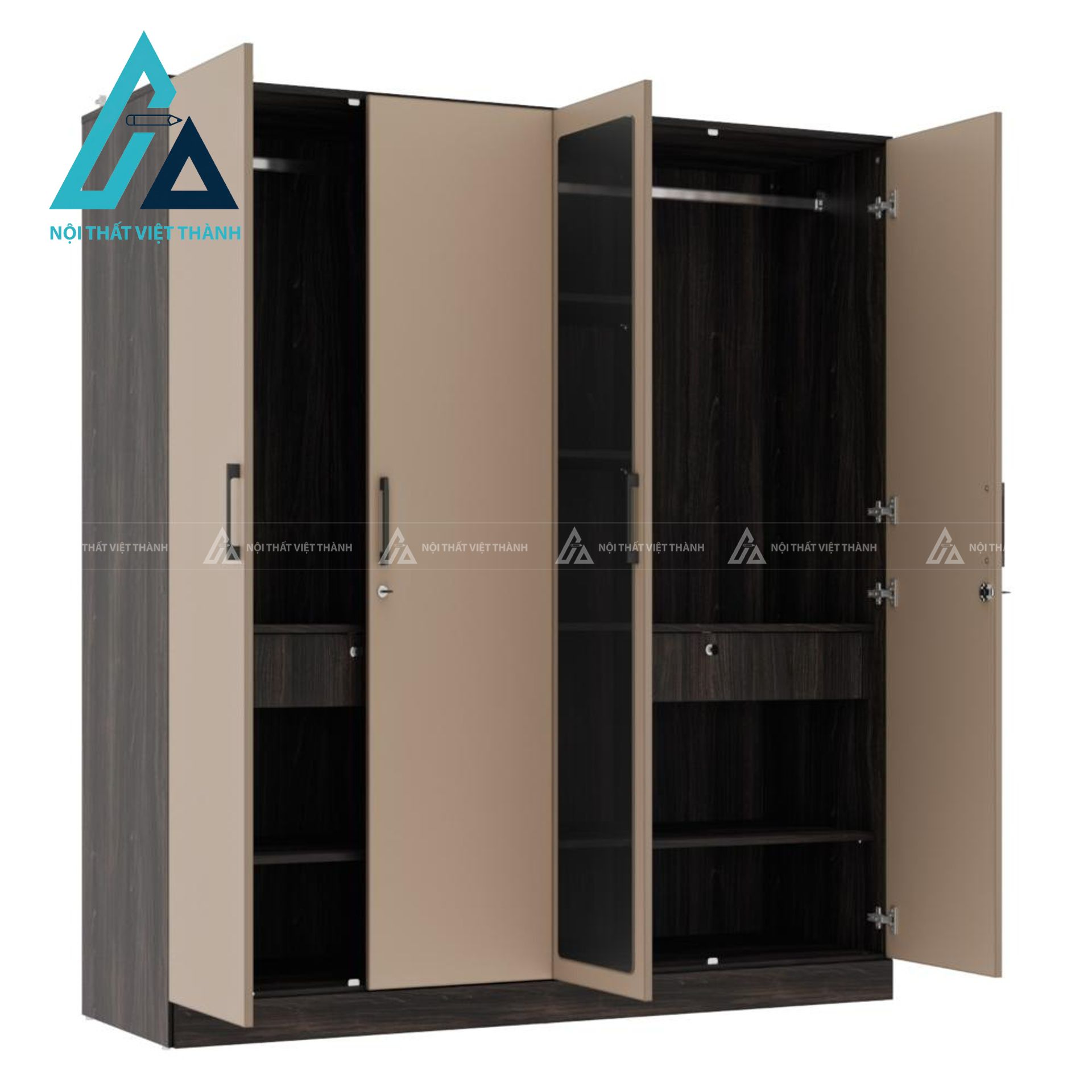 Tủ quần áo MDF 4 cánh phủ Melamine có gương thiết kế hiện đại 1