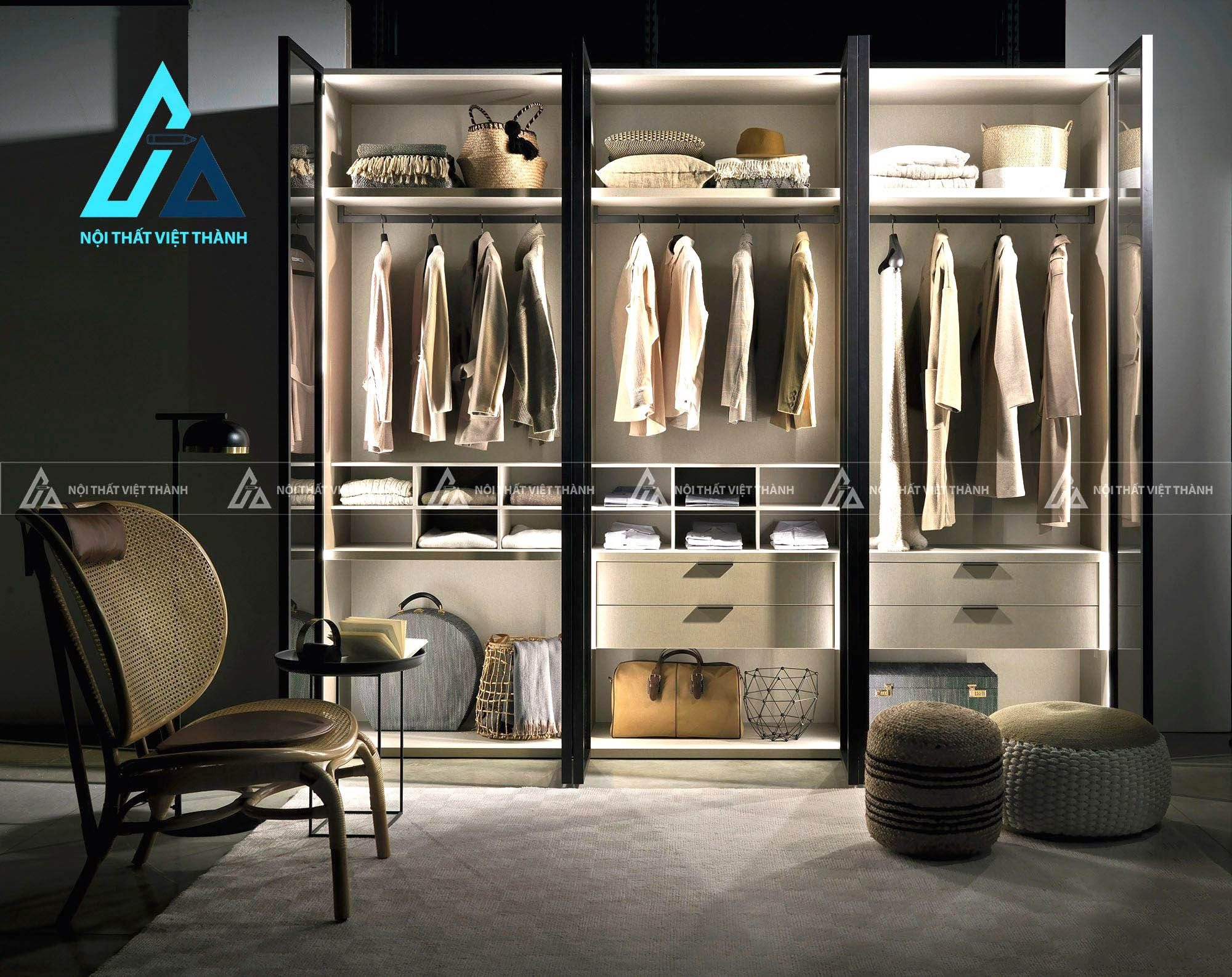 Tủ quần áo MDF 6 cánh kính tích hợp đèn LED hiện đại cao cấp