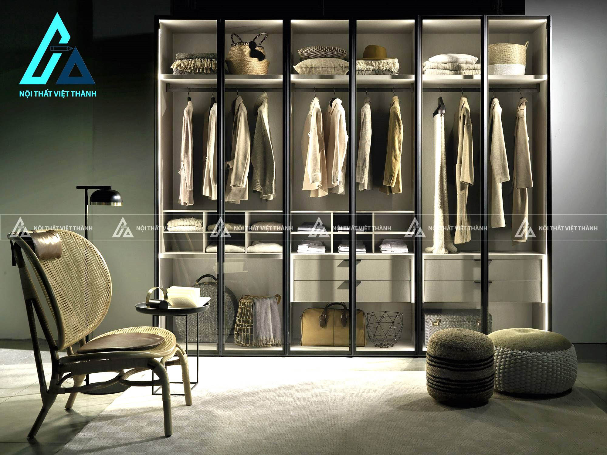 Tủ quần áo MDF 6 cánh kính tích hợp đèn LED hiện đại cao cấp 5