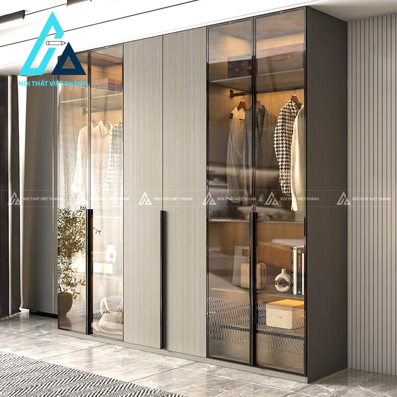 Tủ quần áo MDF 6 cánh kính nâu khói vân gỗ hiện đại sang trọng