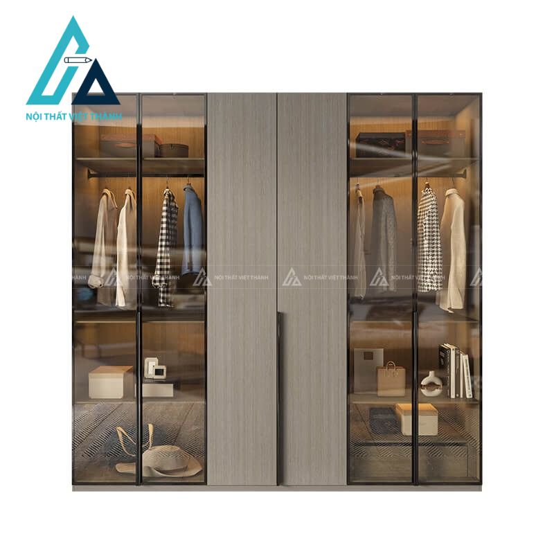 Tủ quần áo MDF 6 cánh kính nâu khói vân gỗ hiện đại sang trọng 1
