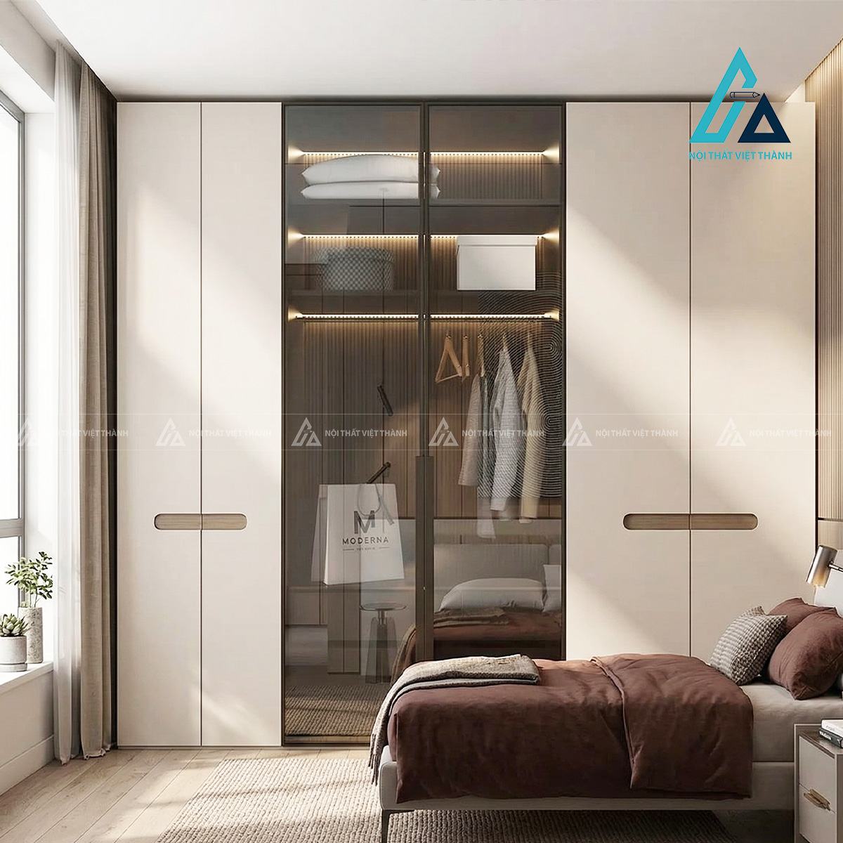 Tủ quần áo MDF 6 cánh kính tối màu hiện đại cao cấp cho phòng ngủ