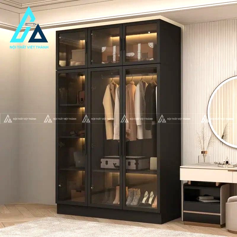 Tủ quần áo MDF cánh kính hiện đại tích hợp đèn LED sang trọng tiện nghi