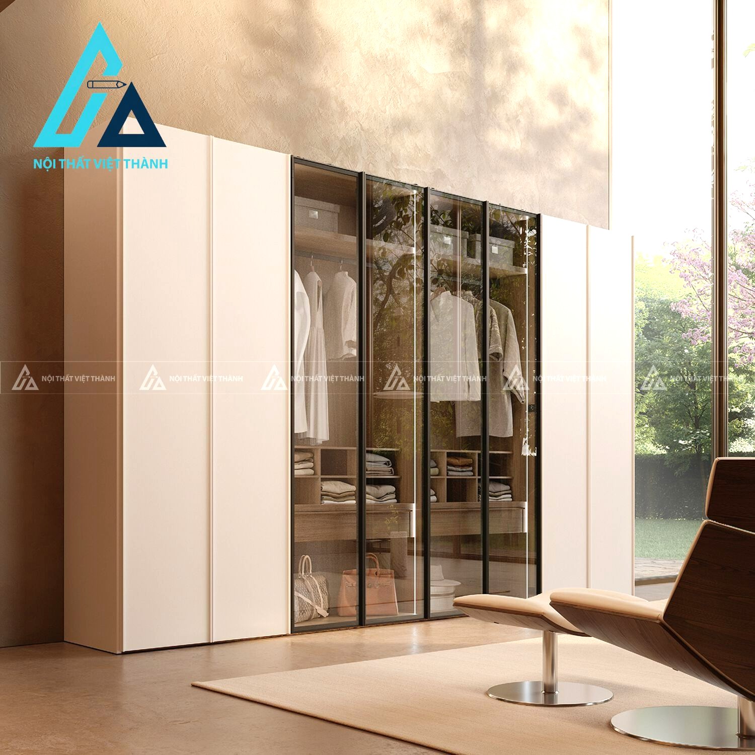 Tủ quần áo MDF cánh kính màu trắng hiện đại tiện nghi cho phòng ngủ