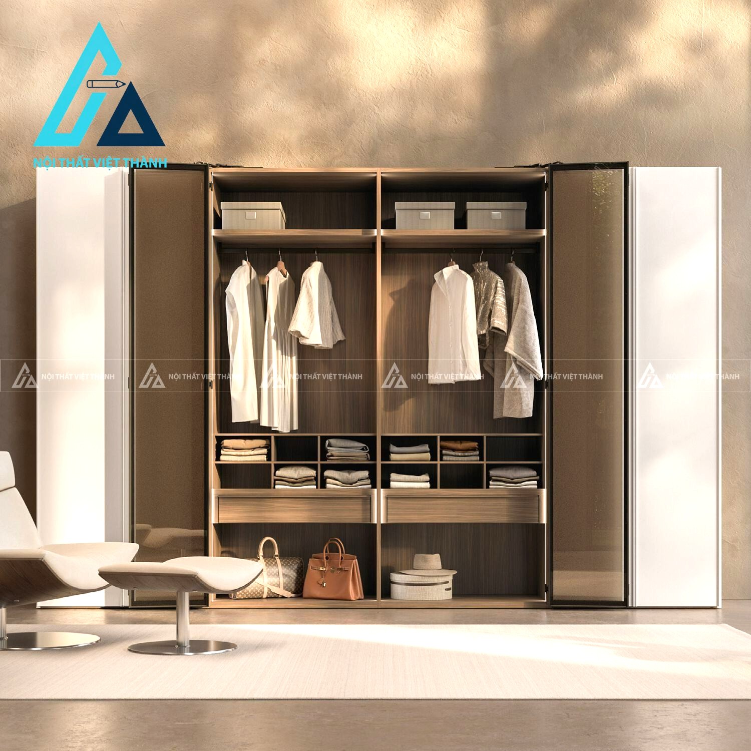 Tủ quần áo MDF cánh kính màu trắng hiện đại tiện nghi cho phòng ngủ 2