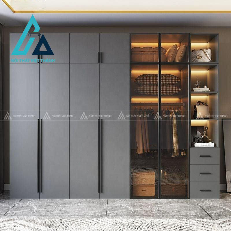 Tủ quần áo MDF cánh kính màu xám hiện đại sang trọng cho phòng ngủ