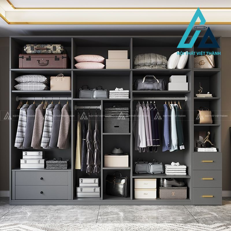 Tủ quần áo MDF cánh kính màu xám hiện đại sang trọng cho phòng ngủ 1