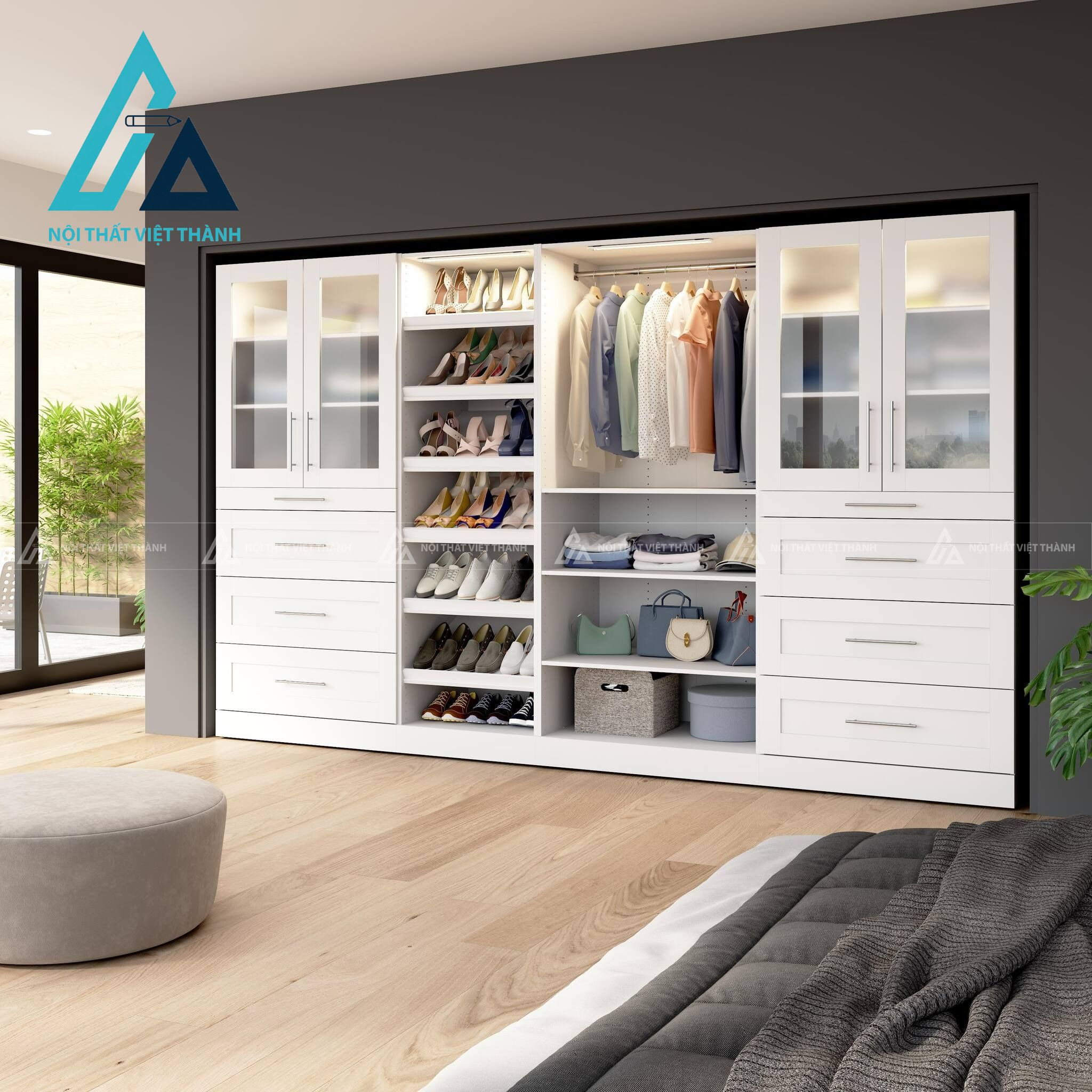 Tủ quần áo MDF cánh kính mờ tích hợp đèn LED hiện đại cao cấp