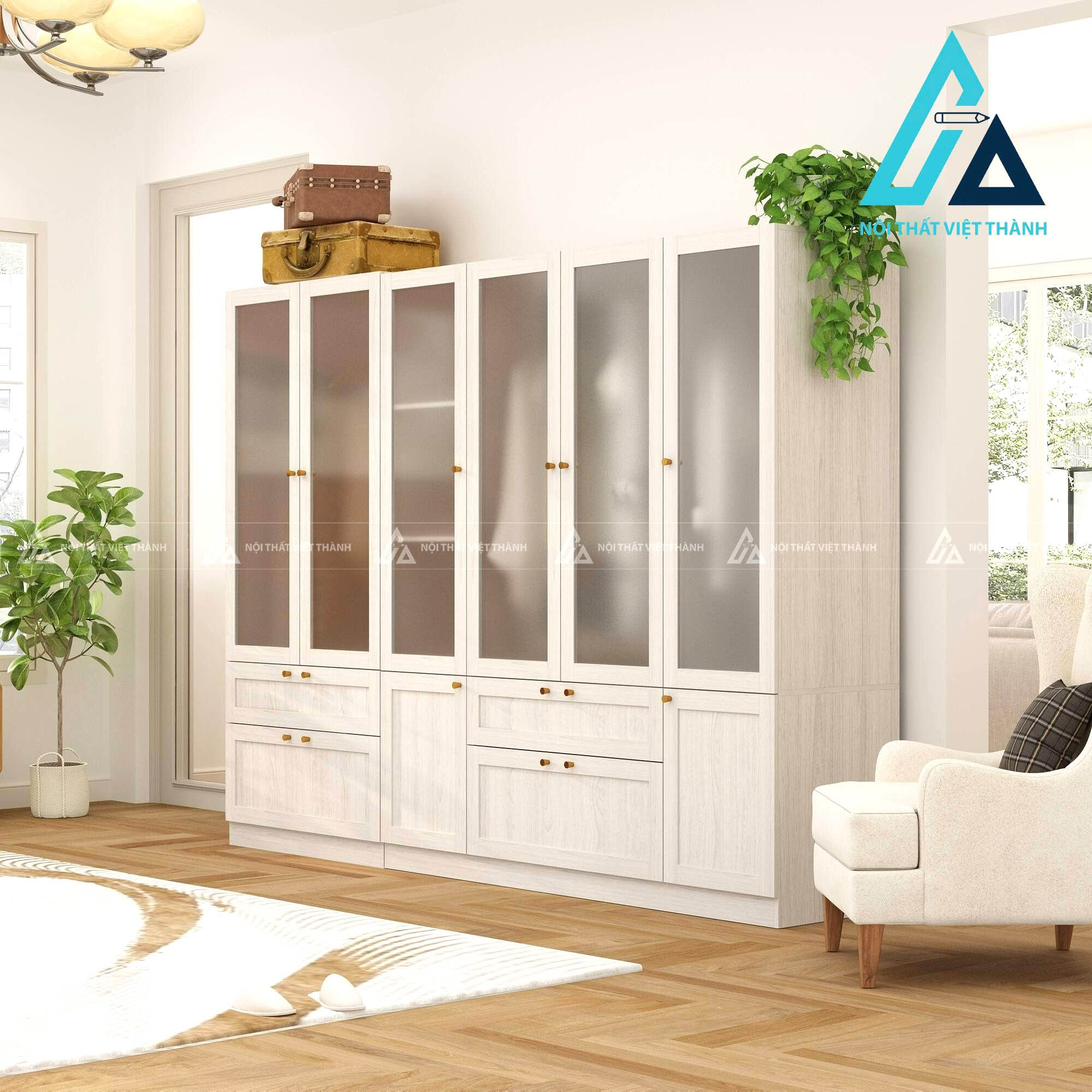 Tủ quần áo MDF cánh kính mờ vân gỗ xám hiện đại sang trọng