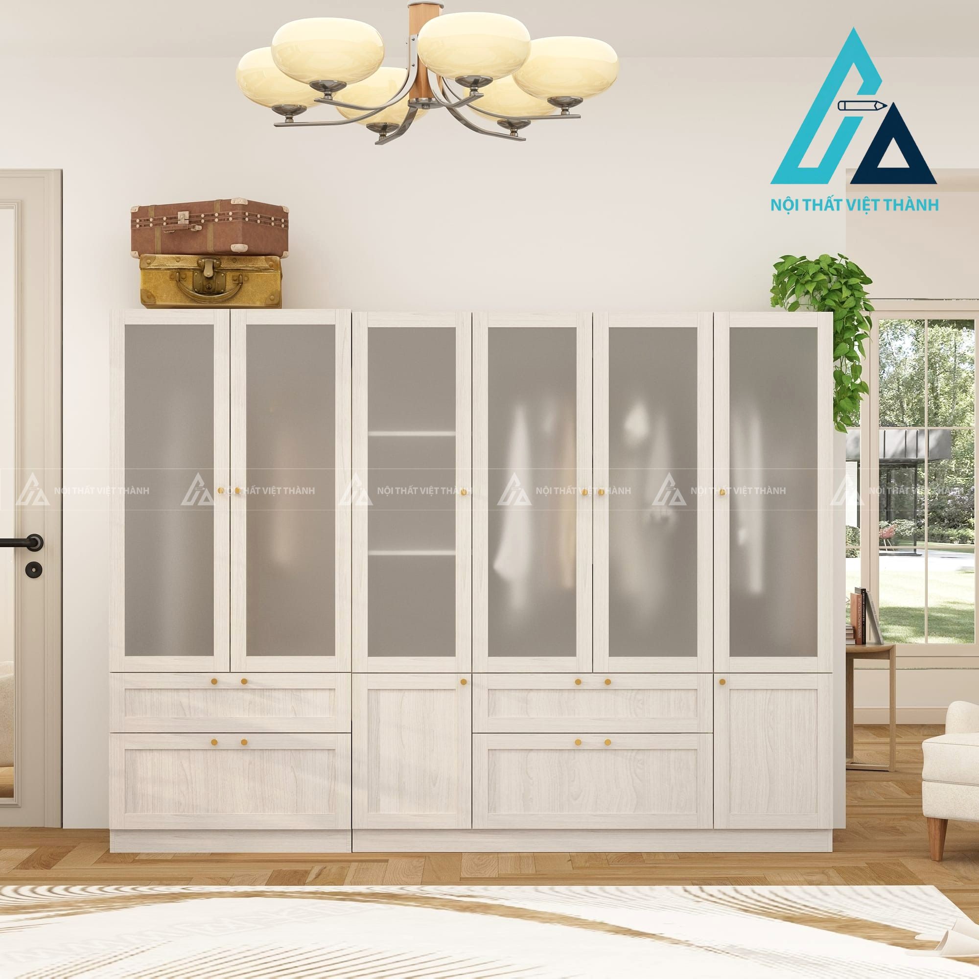 Tủ quần áo MDF cánh kính mờ vân gỗ xám hiện đại sang trọng 1