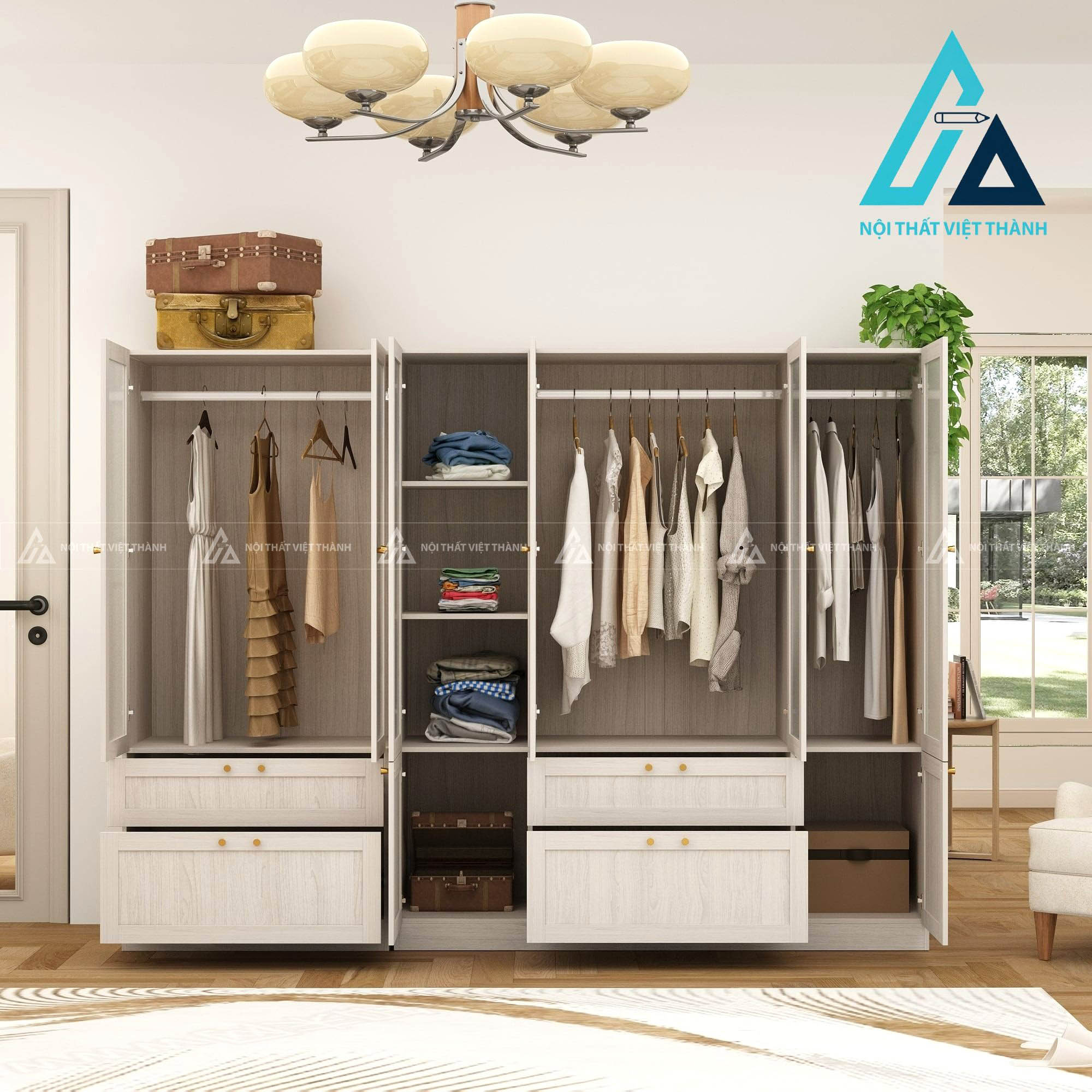 Tủ quần áo MDF cánh kính mờ vân gỗ xám hiện đại sang trọng 2