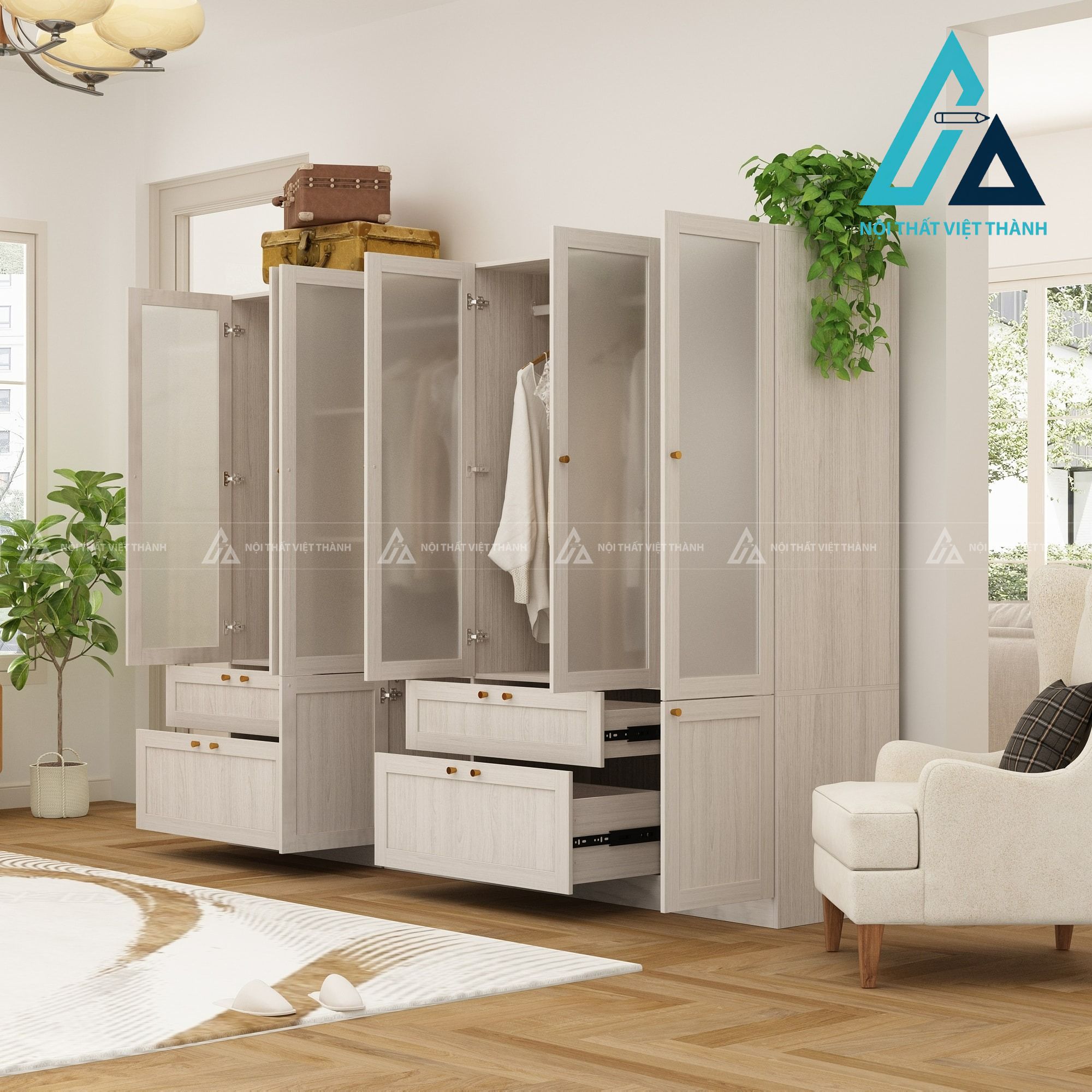 Tủ quần áo MDF cánh kính mờ vân gỗ xám hiện đại sang trọng 3