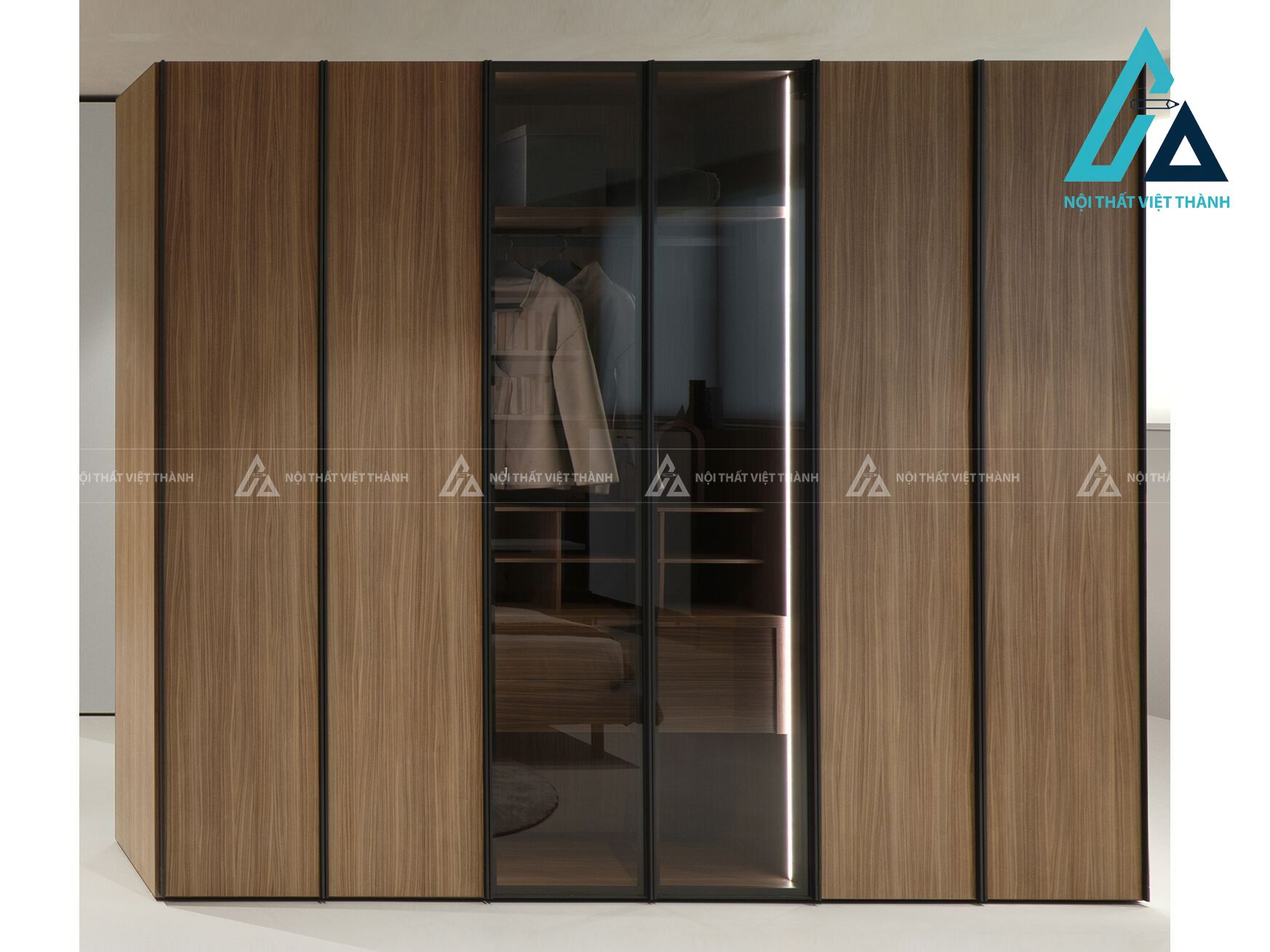 Tủ quần áo MDF cánh kính nâu khói vân óc chó sang trọng hiện đại 1