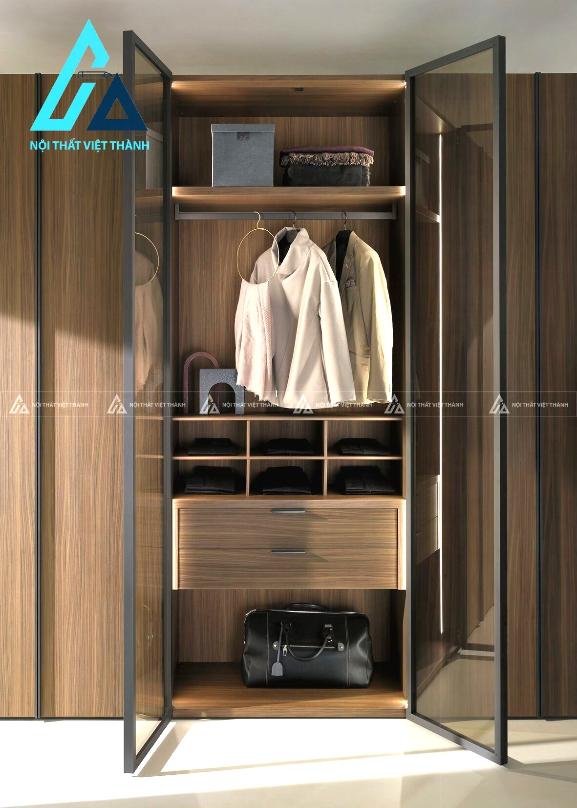 Tủ quần áo MDF cánh kính nâu khói vân óc chó sang trọng hiện đại 2