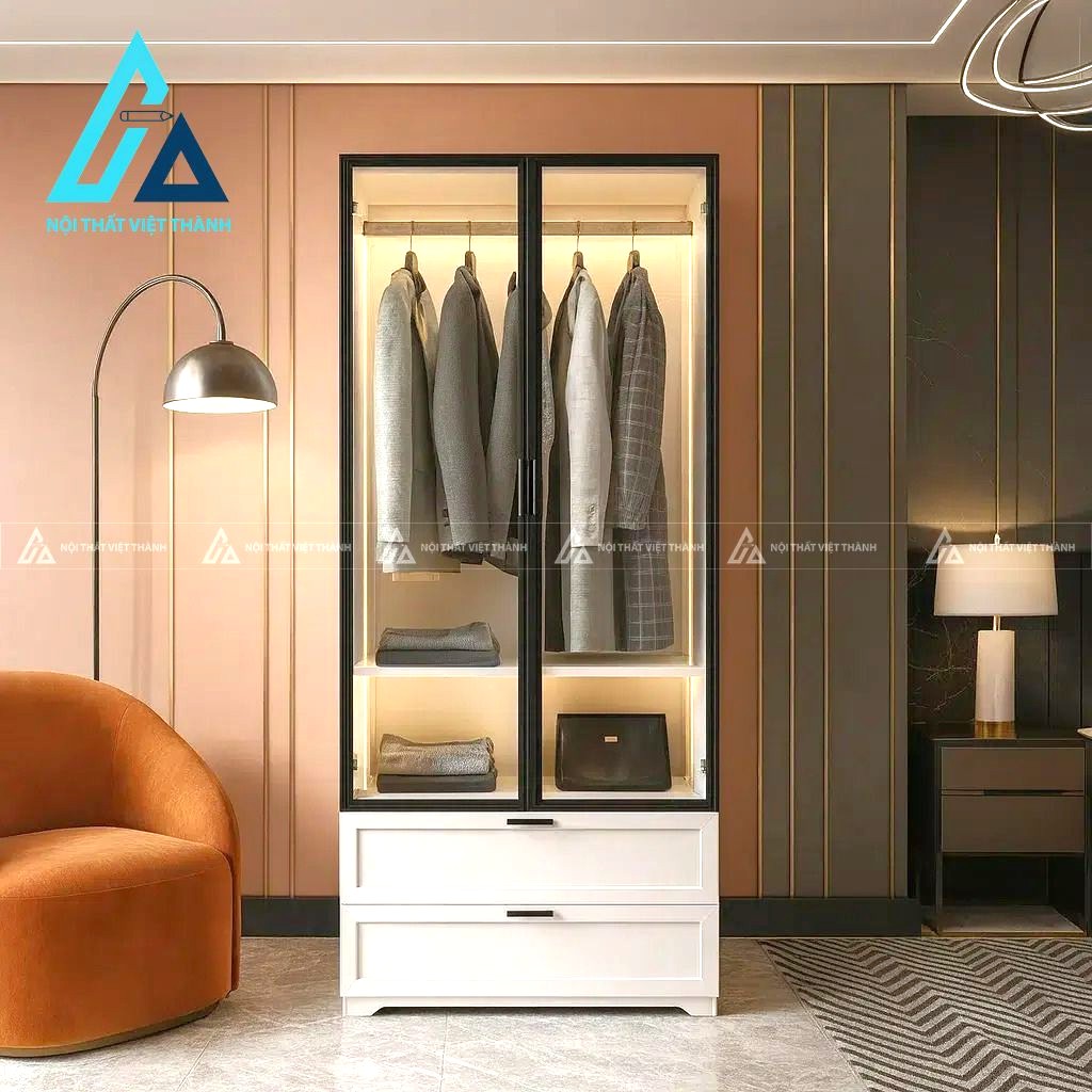 Tủ quần áo MDF cánh kính trong hiện đại tích hợp đèn LED thông minh