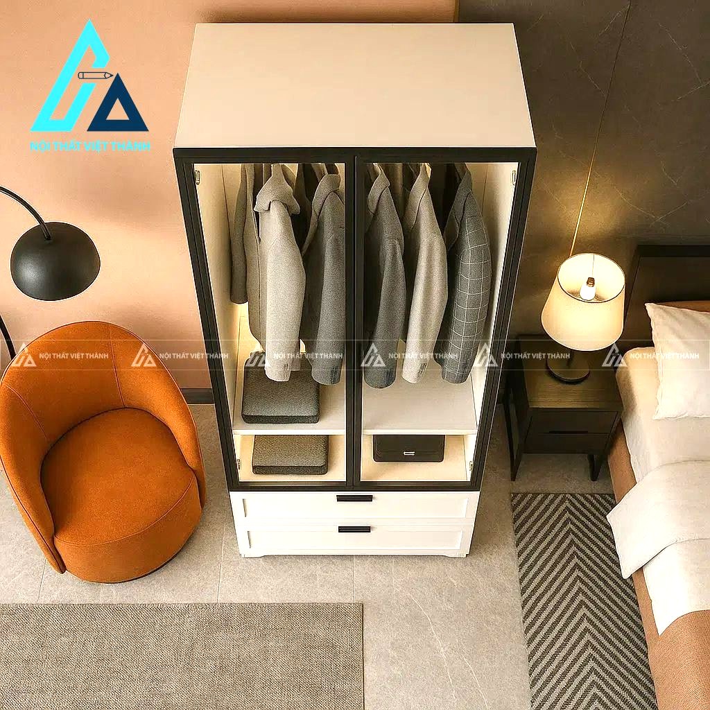 Tủ quần áo MDF cánh kính trong hiện đại tích hợp đèn LED thông minh 3