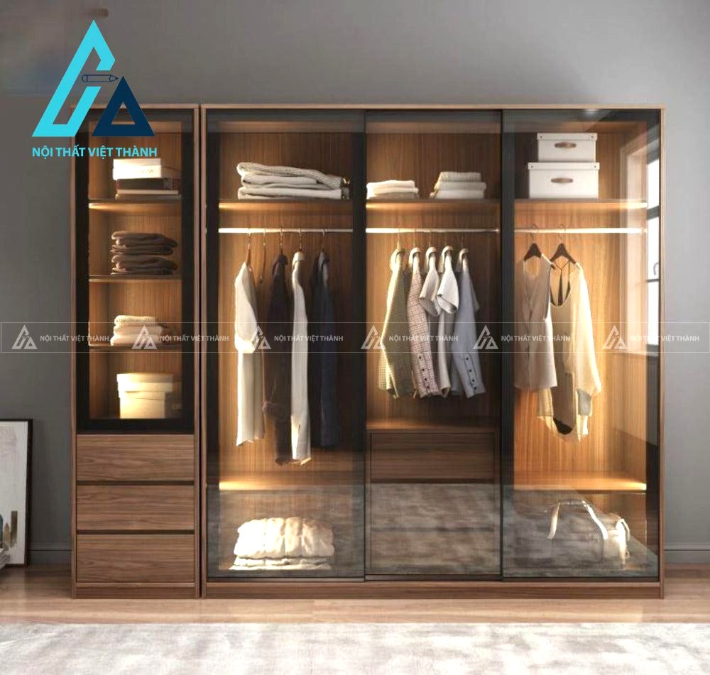 Tủ quần áo MDF cánh kính trượt hiện đại tối ưu không gian phòng ngủ