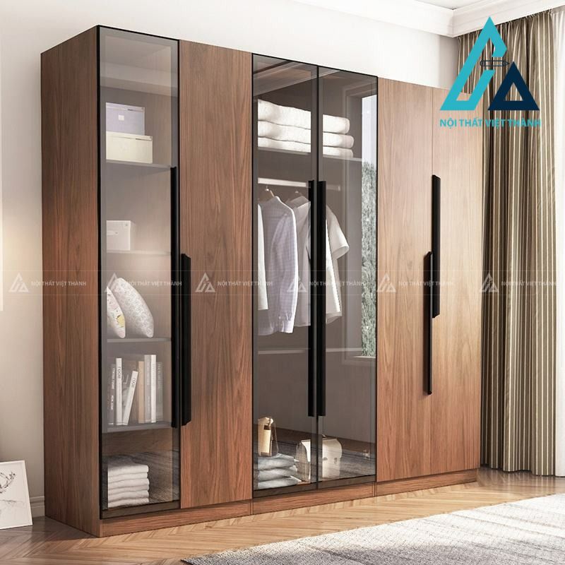 Tủ quần áo MDF cánh kính vân gỗ óc chó hiện đại cho phòng ngủ