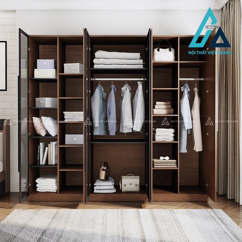 Tủ quần áo MDF cánh kính vân gỗ óc chó hiện đại cho phòng ngủ 1