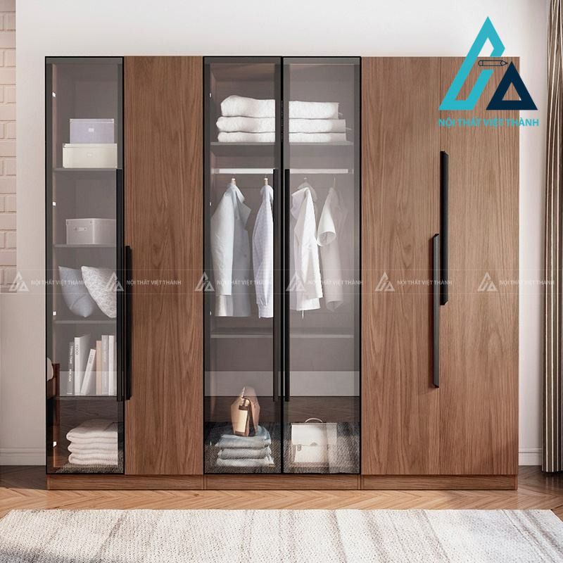 Tủ quần áo MDF cánh kính vân gỗ óc chó hiện đại cho phòng ngủ 2