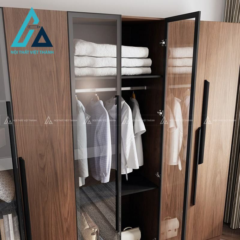 Tủ quần áo MDF cánh kính vân gỗ óc chó hiện đại cho phòng ngủ 4