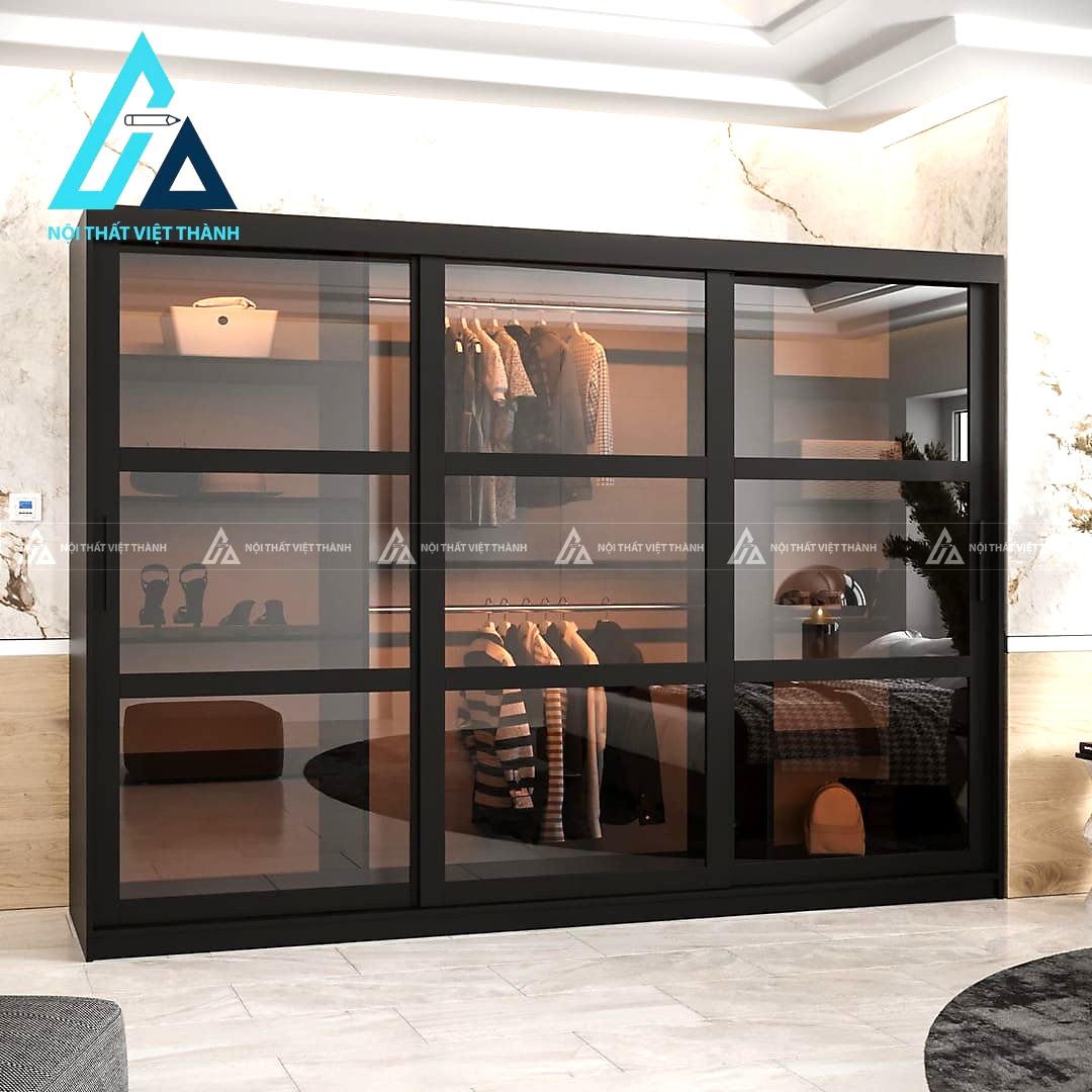Tủ quần áo MDF cửa lùa cánh kính đen khói hiện đại tiết kiệm diện tích