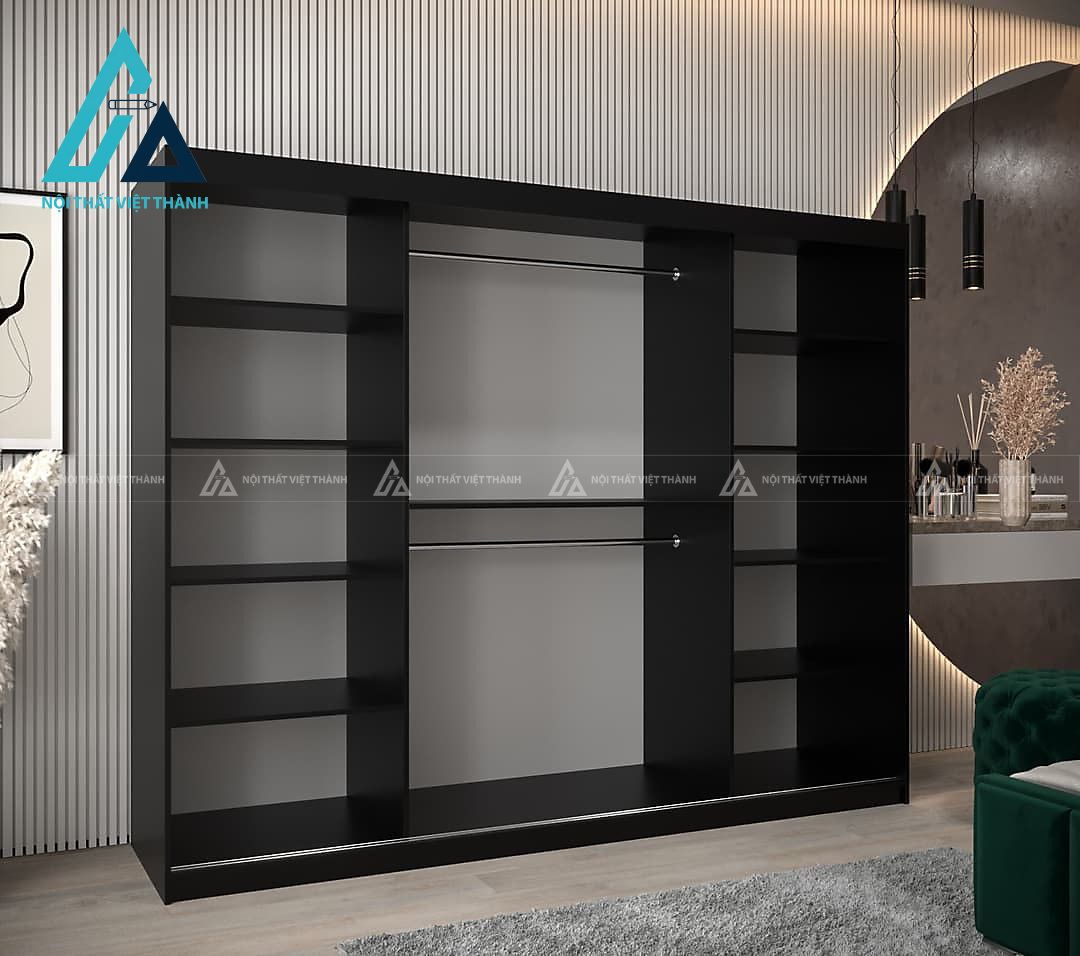 Tủ quần áo MDF cửa lùa cánh kính đen khói hiện đại tiết kiệm diện tích 1
