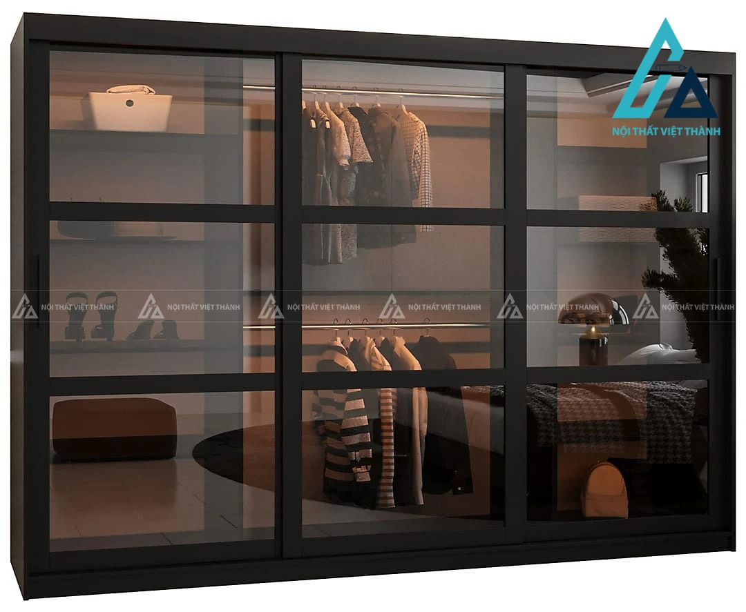 Tủ quần áo MDF cửa lùa cánh kính đen khói hiện đại tiết kiệm diện tích 2