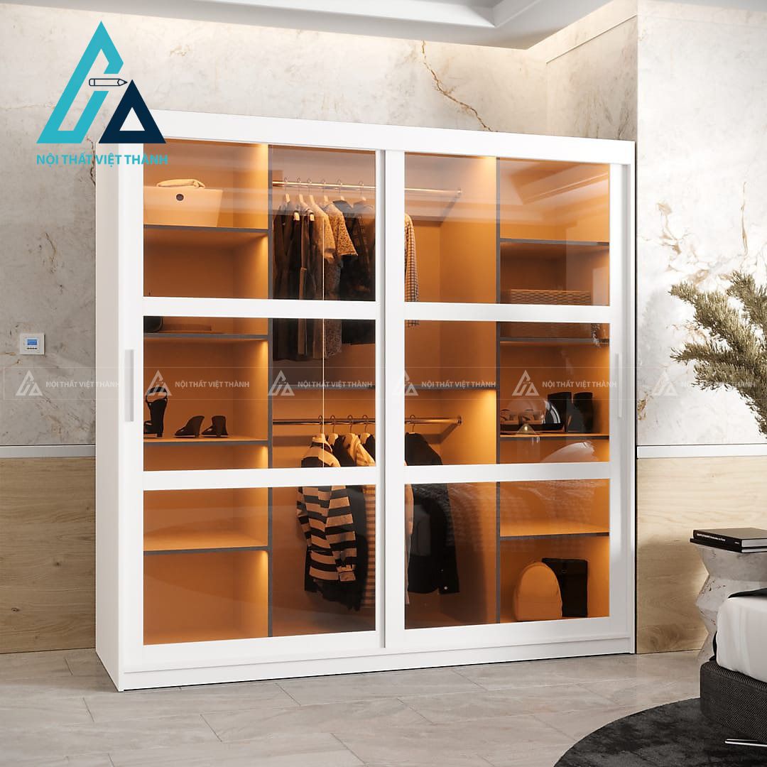 Tủ quần áo MDF cửa lùa cánh kính nâu khói hiện đại gọn gàng tiện dụng
