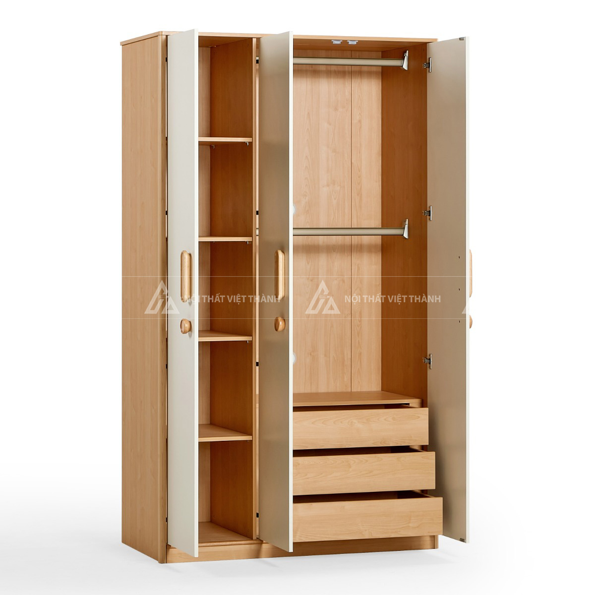Tủ Quần Áo Trẻ Em 3 Cánh Màu Kem Trang Nhã Thiết Kế Tay Cầm Gỗ Bo Tròn Tinh Tế 2