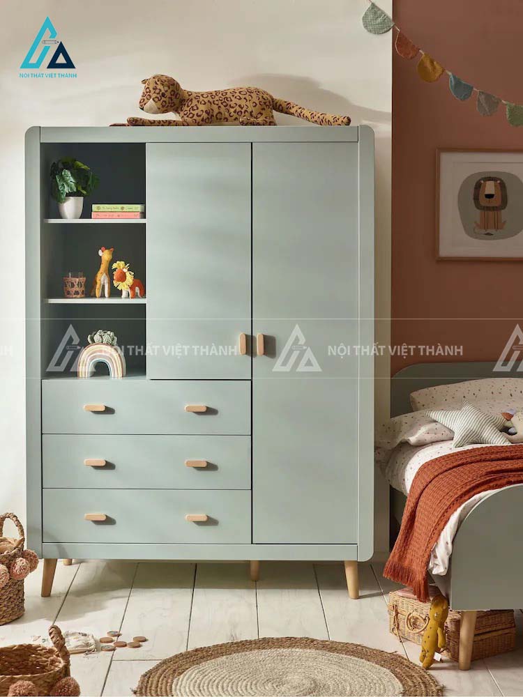 Tủ Quần Áo Trẻ Em Màu Xanh Hiện Đại Thiết Kế Bo Góc An Toàn Tích Hợp Ngăn Kéo Và Kệ Hở