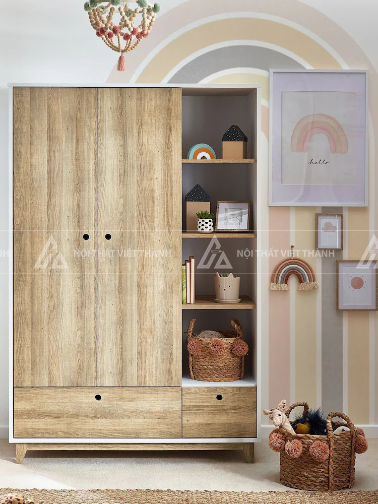 Tủ Quần Áo Gỗ Hiện Đại Cho Bé Kết Hợp Kệ Trang Trí Đa Năng Tiết Kiệm Diện Tích 2