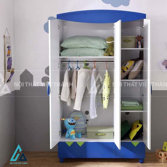 Tủ Quần Áo Trẻ Em 3 Cánh Hiện Đại Phối Màu Xanh Trắng Với Khoang Treo Rộng Và Ngăn Kéo Họa Tiết Sáng Tạo