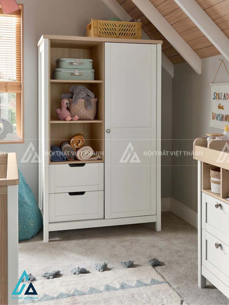 Tủ Quần Áo Cho Bé Thiết Kế Tân Cổ Điển Kết Hợp Ngăn Kéo Và Kệ Hở Tiện Dụng