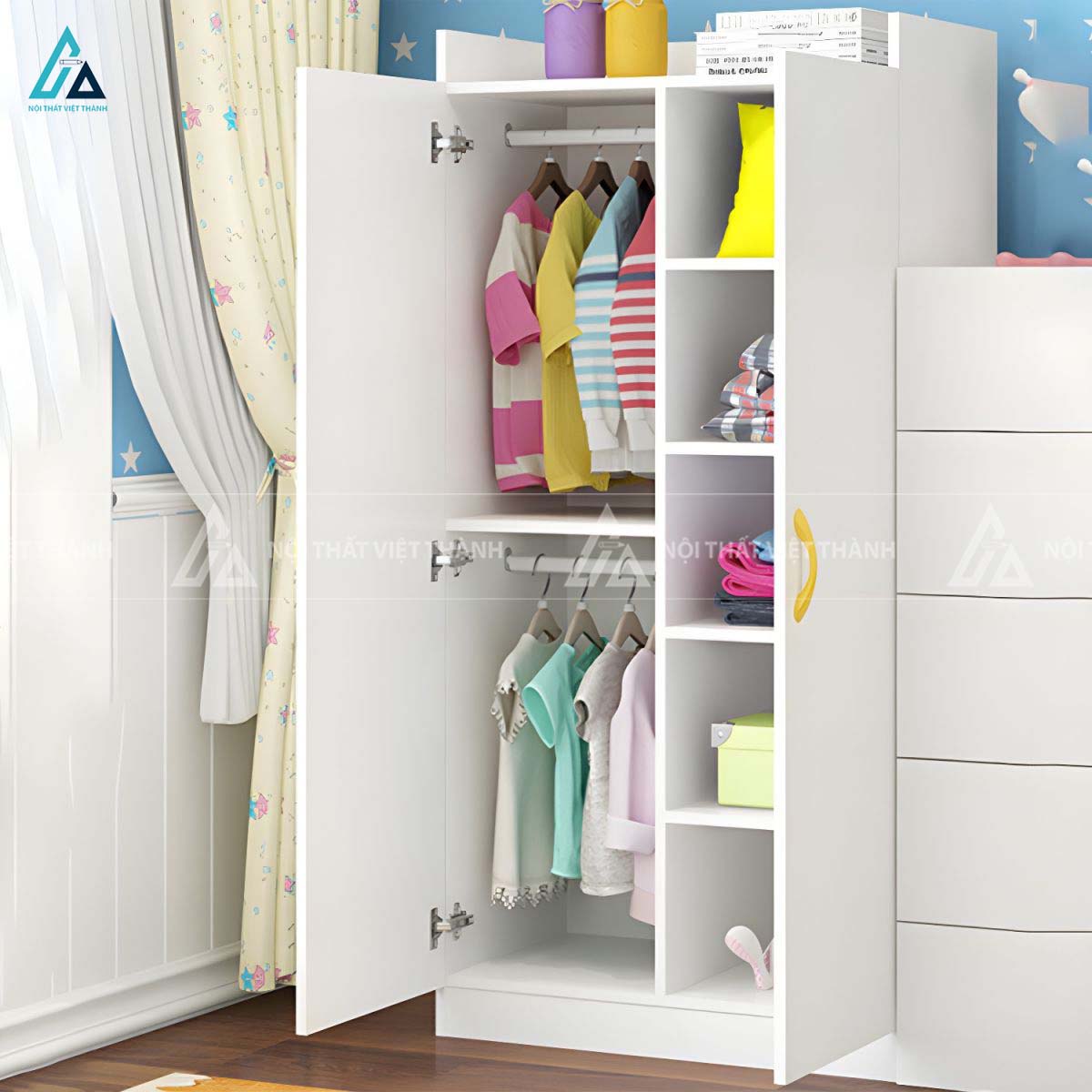 Tủ Quần Áo Trẻ Em Hiện Đại Hai Cánh Mở Tích Hợp Kệ Để Đồ Phía Trên