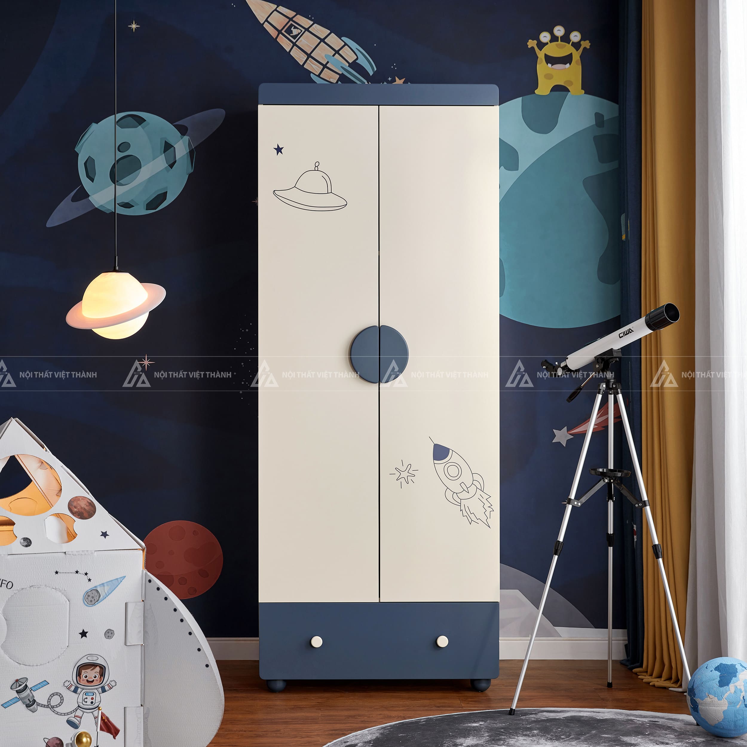 Tủ Quần Áo Trẻ Em Họa Tiết Tên Lửa Vũ Trụ Màu Xanh Hiện Đại Có Ngăn Kéo Tiện Lợi 3