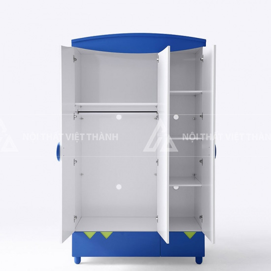 Tủ Quần Áo Trẻ Em 3 Cánh Hiện Đại Phối Màu Xanh Trắng Với Khoang Treo Rộng Và Ngăn Kéo Họa Tiết Sáng Tạo 2