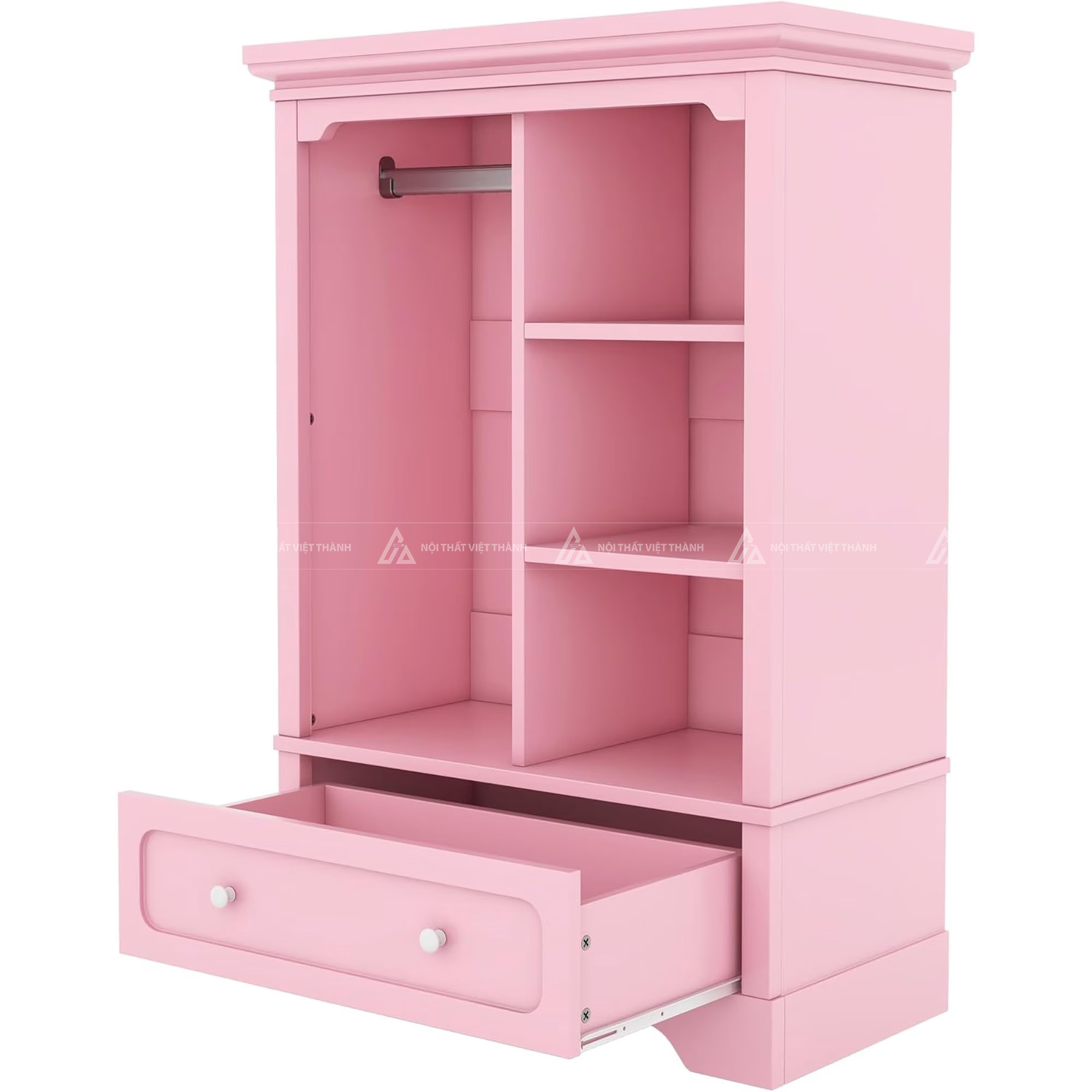 Tủ Quần Áo Bé Gái Màu Hồng Thiết Kế Tân Cổ Điển Kết Hợp Kệ Sách Và Ngăn Kéo Tiện Dụng 3