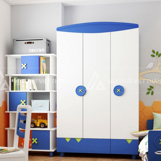 Tủ Quần Áo Trẻ Em 3 Cánh Hiện Đại Phối Màu Xanh Trắng Với Khoang Treo Rộng Và Ngăn Kéo Họa Tiết Sáng Tạo 3